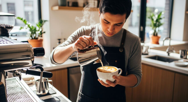 Skilled barista expertly crafting latte art with steamed milk in a bright cafe