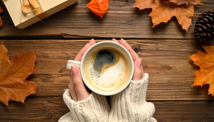 Cozy Autumn Morning - Hands Holding Coffee Amidst Fall Foliage.