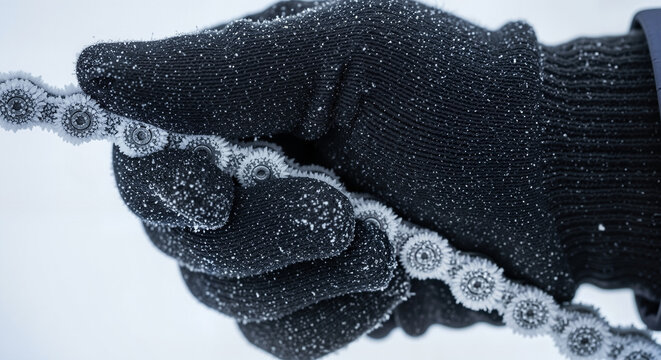 A gloved hand holds a frosty Icy bicycle chain against a snowy background, a detailed macro shot for winter sports blogs.