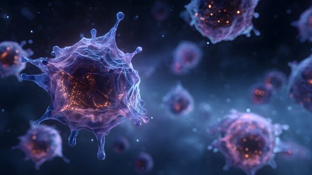 Microscopic view of cells with spiky protrusions in a dark blue and purple environment