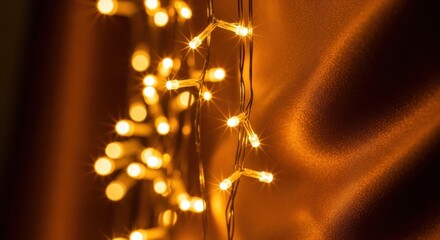 String of warm orange fairy lights glowing against textured fabric