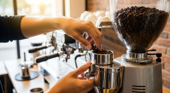 Barista carefully grinding fresh coffee beans for a perfect brew