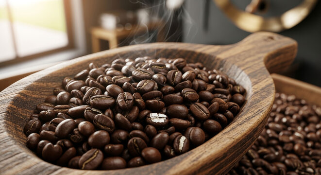Warm aromatic roasted coffee beans fill a rustic wooden scoop, ready for brewing morning refreshment.