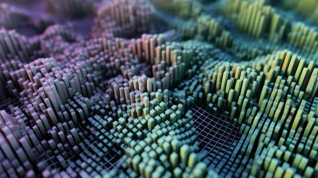 Abstract landscape formed by small rectangular prisms with a grid overlaying the surface