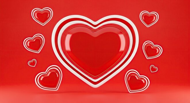 A collection of glossy red hearts with white outlines on a red background