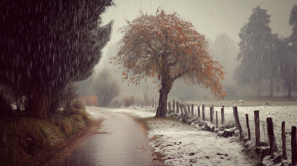 Lonely tree with autumn leaves standing by a snowy path in a rainstorm, creating a somber winter landscape 