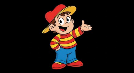 Cartoon boy in red hat and striped shirt waving hello with a smile