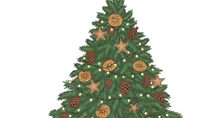 Festive evergreen Christmas tree adorned with charming pinecones, star ornaments, and dried orange slices, glowing with warm string lights.