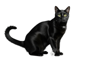 A sleek black domestic short-hair cat with luminous golden eyes and a curved tail, pristine fur, poised beside a silver pet tag on a seamless transparent studio background. High-end product concept