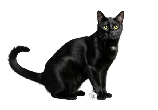A sleek black domestic short-hair cat with luminous golden eyes and a curved tail, pristine fur, poised beside a silver pet tag on a seamless transparent studio background. High-end product concept