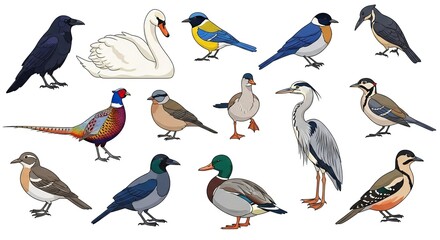 Naklejka premium Collection of various bird species, including a crow, swan, pheasant, duck, and heron