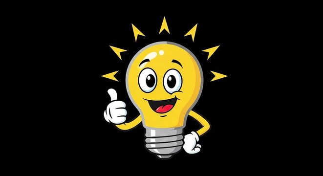 A smiling cartoon light bulb character giving a thumbs up gesture on a black background, representing an idea