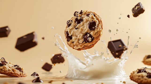 Chocolate chip cookie extravaganza with splashing milk and floating chocolate chunks with copy space for National Cookie Day, Chocolate Chip Cookie Week, Cookie Exchange Day, Homemade Cookies Day - Powered by Adobe