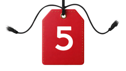 Red price tag with number five hanging on black string showing discount sale label isolated on white background