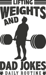 Silhouette of a man lifting weights with text about dad jokes isolated on white background