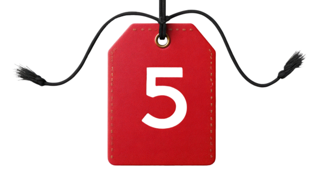 Red price tag with number five hanging on black string showing discount sale label isolated on white background - Powered by Adobe