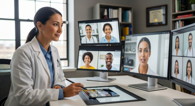 Doctor conducting a telehealth consultation with patients on a video call in a modern office. - Powered by Adobe