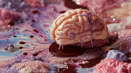 Artistic representation of a brain resting on colorful, fluid textures with chocolate and vibrant hues