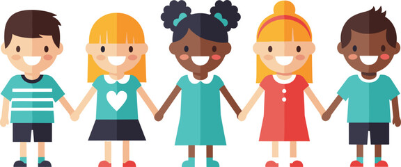 Diverse children cartoon, happy kids holding hands, multicultural friendship, unity illustration, flat vector, playful group, smiling faces, colorful outfits