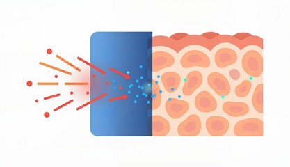 Scientific diagram illustrating skin protection, showing a blue barrier filtering red/orange radiation, allowing blue particles (active ingredients) to penetrate skin layers for cosmetic treatment.