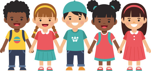 Cartoon children holding hands, diverse kids smiling, unity and friendship, school theme, flat vector, colorful outfits, cad drawing illustration
