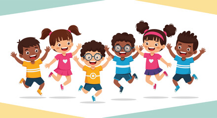 Cartoon children jumping together, diverse kids smiling, colorful outfits, joyful expressions, unity and play, flat vector, cad drawing illustration