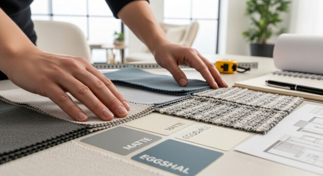 Designer's hands carefully select fabric swatches and samples on a table with blueprints.