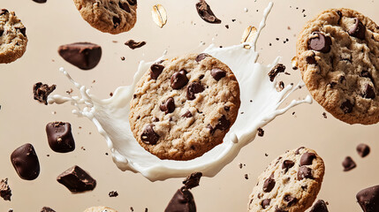 Chocolate chip cookies dynamically captured in milk splash against pale background