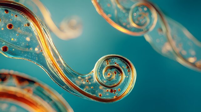 Close up of transparent spiral structures with orange accents on a teal colored background
