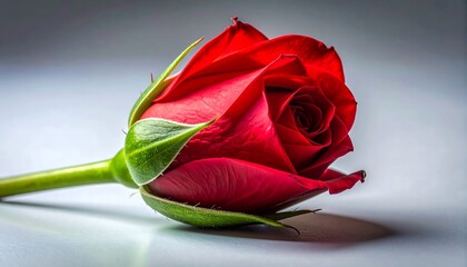 Elegant Red Rose Bud on a Soft White Surface.