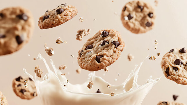 Chocolate chip cookies suspended in air with milk splash, close-up scene with copy space for National Cookie Day, Chocolate Chip Cookie Week, Cookie Exchange Day, Homemade Cookies Day - Powered by Adobe