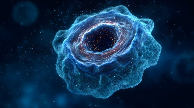 Abstract rendering of a blue cell with a dark center against a dark blue background with specks