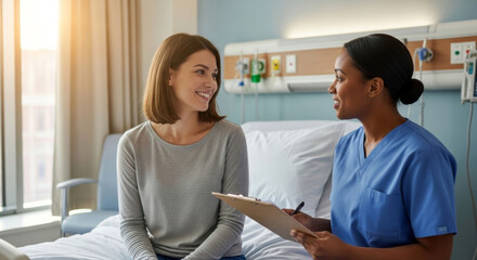 Caring nurse discusses treatment plan with smiling patient in hospital room