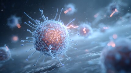 Microscopic view of virus cells with spiky projections and glowing interior in a blue environment