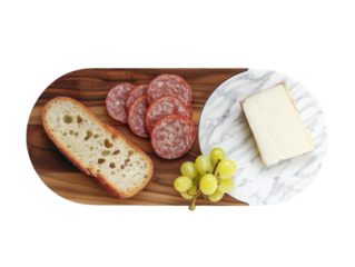 Charcuterie Board, Salami, Cheese, Baguette, and Grapes on Wood and Marble Platter, Isolated PNG Element