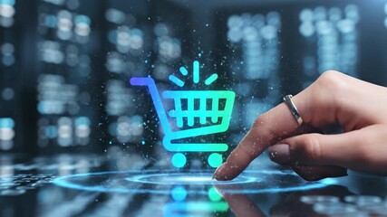 Illuminated digital shopping cart icon reached by hand, showcasing online shopping and e commerce. Futuristic interface with glowing elements enhances modern technology experience - Powered by Adobe