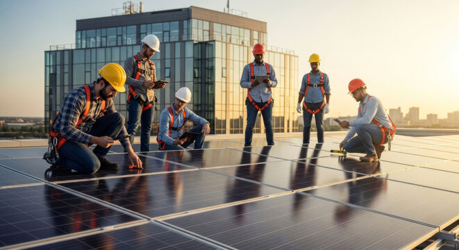 Diverse team of workers installing solar panels on a rooftop under a bright sunlit sky.