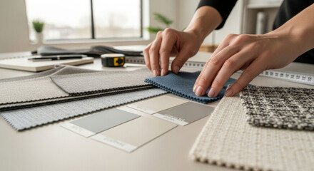 Designer carefully selecting fabric swatches for an interior design project, showcasing creativity and attention to detail.