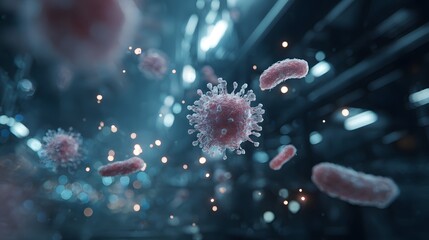 Microscopic view of viruses and bacteria floating in a blue and dark environment with bokeh lights