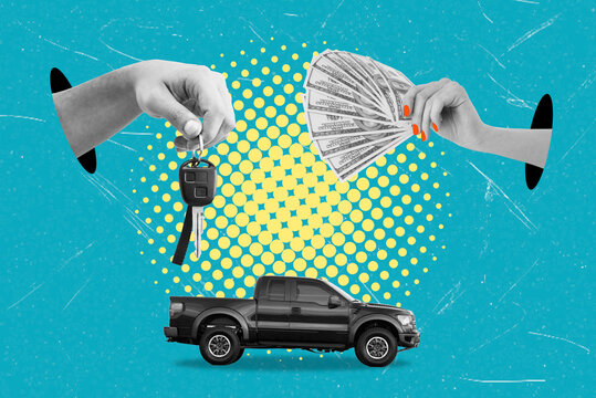 Art collage, Buying a truck with money exchange and keys for sale in a colorful background