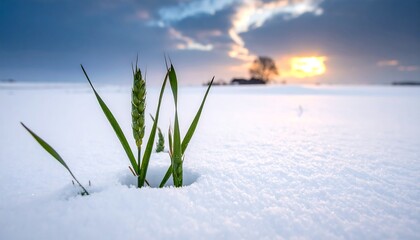 Resilient green shoots emerge from a snow-covered landscape at sunset.