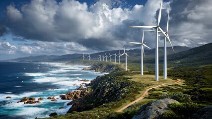 Coastal landscape with wind turbines generating clean energy along a rugged shore during a bright, cloudy day