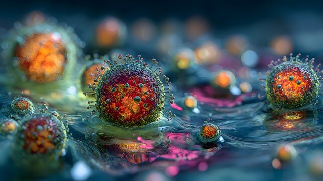 Close up view of multiple virus cells with red and orange interiors and spiky exterior on a blue surface - Powered by Adobe