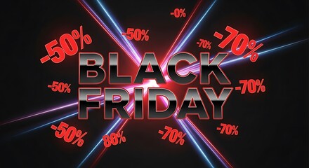 Dynamic Black Friday sale announcement explodes with massive discounts and vibrant neon lights, driving urgency and excitement for shoppers