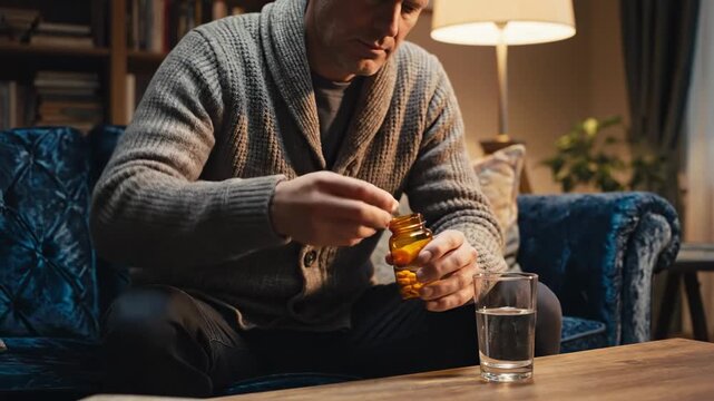 Ill man sitting on the sofa at night, opening a pill bottle and taking medication with a glass of water for treating flu symptoms, following his prescription for a speedy recovery