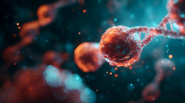 A microscopic view of dna strands and cells with a dark teal and orange color scheme visible