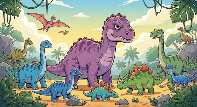 Group of dinosaurs in a prehistoric jungle with lush vegetation