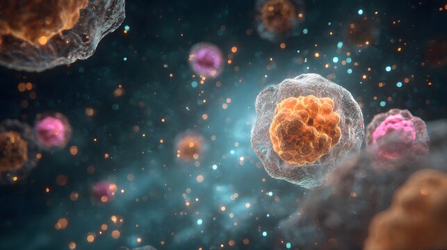 An abstract depiction of cells with orange and pink hues floating in a blue environment with particles