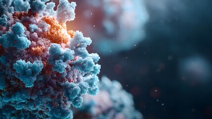 A close up of a coronavirus cell structure with blue and orange spikes against a dark background