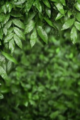 Macro view of fresh green leaves with raindrops in tropical rain. Nature freshness, sustainability, and eco lifestyle concept